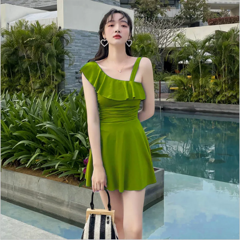 2024 Sexy Solid Swimsuit Women Korean Holiday Style One Shoulder Lotus Leaf Brim One Piece Skirt Swimming Beach Seaside