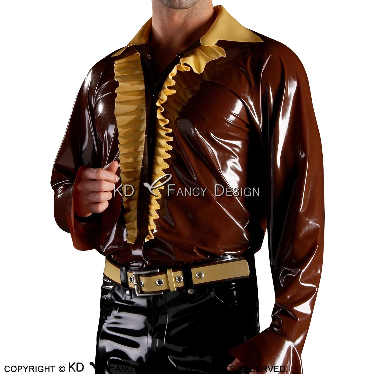 Brown And Golden Frills Sexy Latex Shirt With Trumpet Sleeves Buttons At Front Rubber Blouse Clothing YF-0140