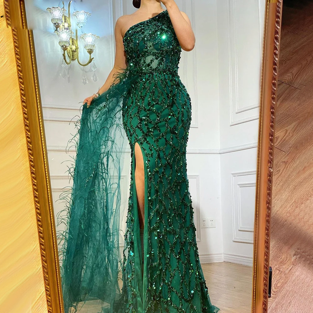 Green Luxury One Shouder Split Evening Dresses Women Fashion Stage Show Singer Party Dress