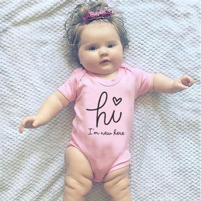 Hi I\'m New Here Print Newborn Pink Baby Bodysuit Short Sleeve Body Baby Boy Cotton Baby Girl Rompers Outfits Clothes