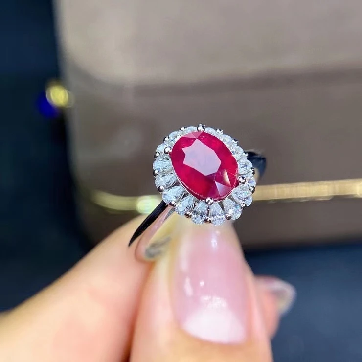 Fine Jewelry S925 Sterling Silver Inlaid Natural Ruby Ring Support Test 6x8mm Size Gemstone Noble Character Good Gift  Sale