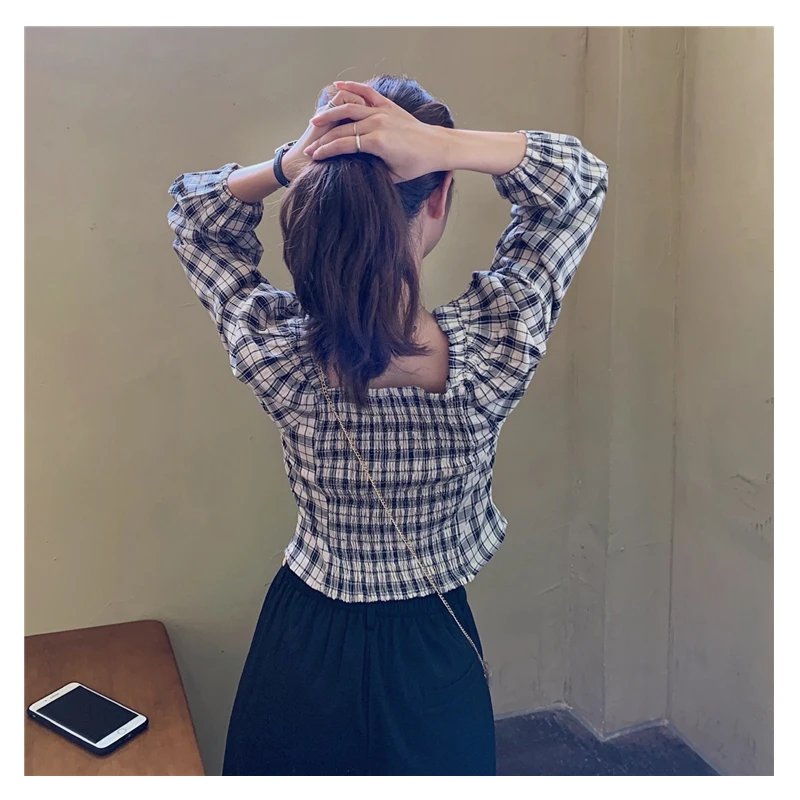 Women Long Sleeve Shirts Crop Tops Plaid Ruffles Square Collar Retro Slim Stylish Pleated Streetwear Casual Female Blouse S-5XL