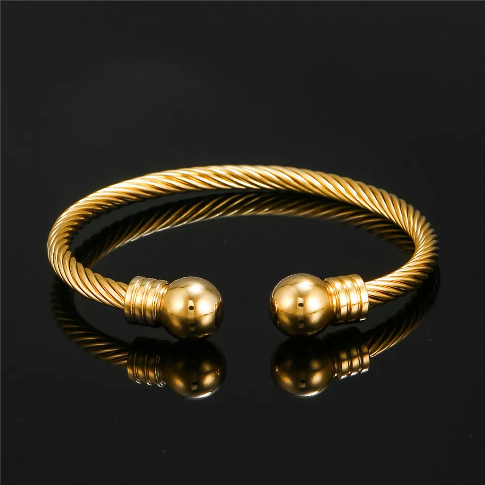 New Titanium Steel Charm Ball Open Cuff Bangle Women Bracelet Stainless Steel Gold Color Wire Rope Women Bangle Fashion Jewelry