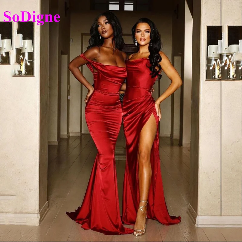 

SoDigne Sexy Red Evening Dress High Side Split Long Prom Party Gowns Strapless Celebrity Dresses Custom Made