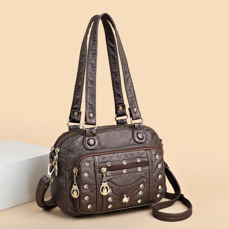 

High Quality Soft Leather Multiple Pockets Women Handbags Luxury Small Female Shoulder Messenger Bags Designer Rivet Ladies Tote