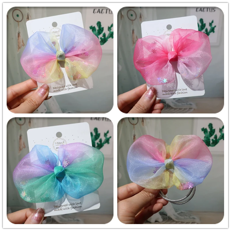 

15pcs Pastel Gradient Color Chiffon Bow Hairpins Barrettes Glitter Snowflake Bowknot Ponytail Holder Elastic Hair Bands Headwear