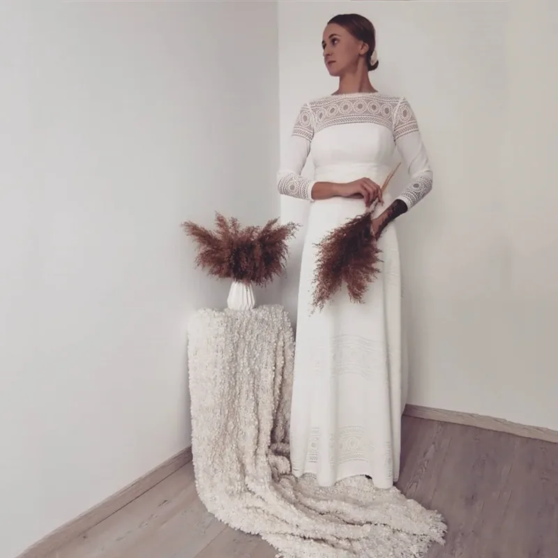 

Boho Wedding Dresses O-Neck Bohemian Long Sleeves Vintage Floor Length Sweep Train Robe De Mariee Simple Bohemian Custom Made