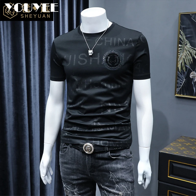 Short Sleeve T-shirt Men\'s Slim Embroidered Light Luxury New Trend Summer Round Neck Male Tees Top Man Wear Clothing M-4XL