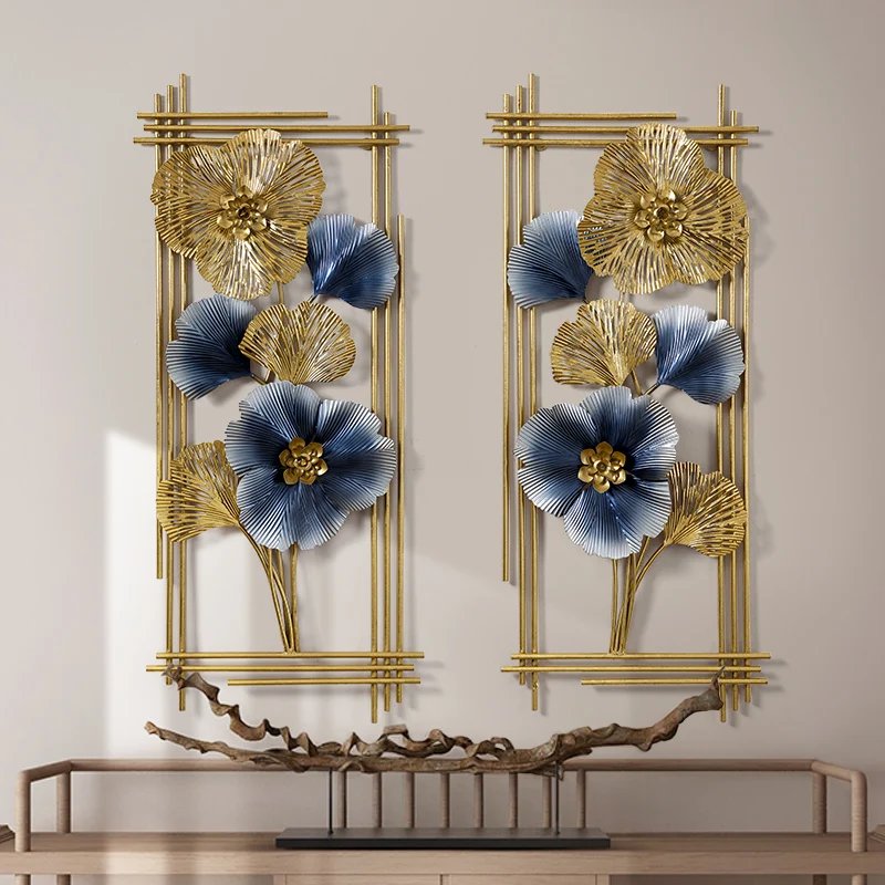 

New Chinese Wrought Iron Blue Gold Ginkgo Leaves Wall Hangings Crafts Home Livingroom Background Wall Sticker Mural Decoration