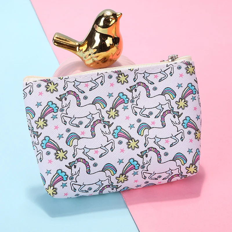 Women Girl Unicorn Printing Mini Portable Bags Fashion PU Coin Purse Card Holder Wallet Key Zipper Pouch Make up Cartoon Bag