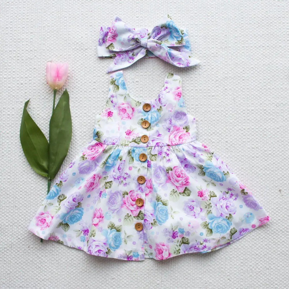 Cute Printed Floral Newborn Baby Girl Dress Summer Sleeveless Casual Party Dresses Sundress With Headband Outfits