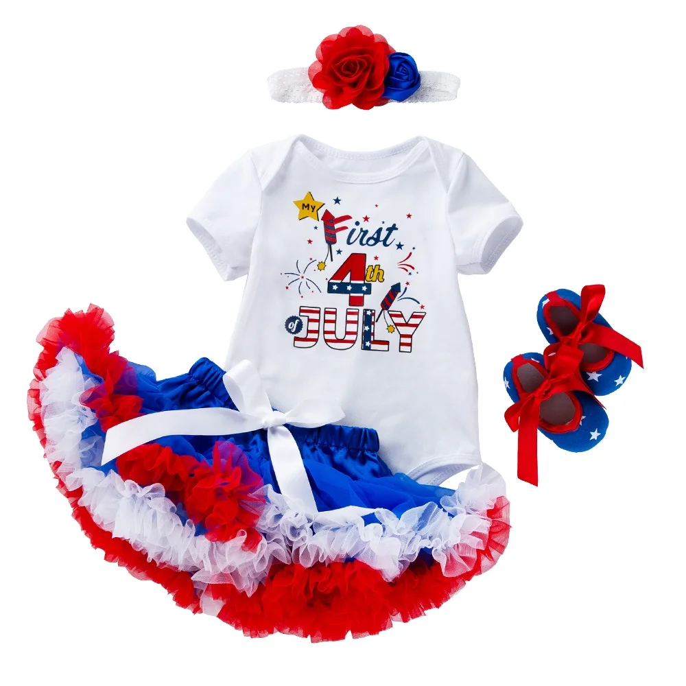 Toddler Summer 4Pcs Newborn Baby Girls American Flag July 4th Bodysuit Headband Outfits Short Sleeve Holiday Clothes Infant Kids