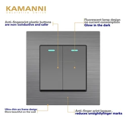 KAMANNI Wall Switch Power Light Switch With Indicator Lightes 2 Gang 2Way Luxury Push Button Switches Aluminum Alloy Panel 220V