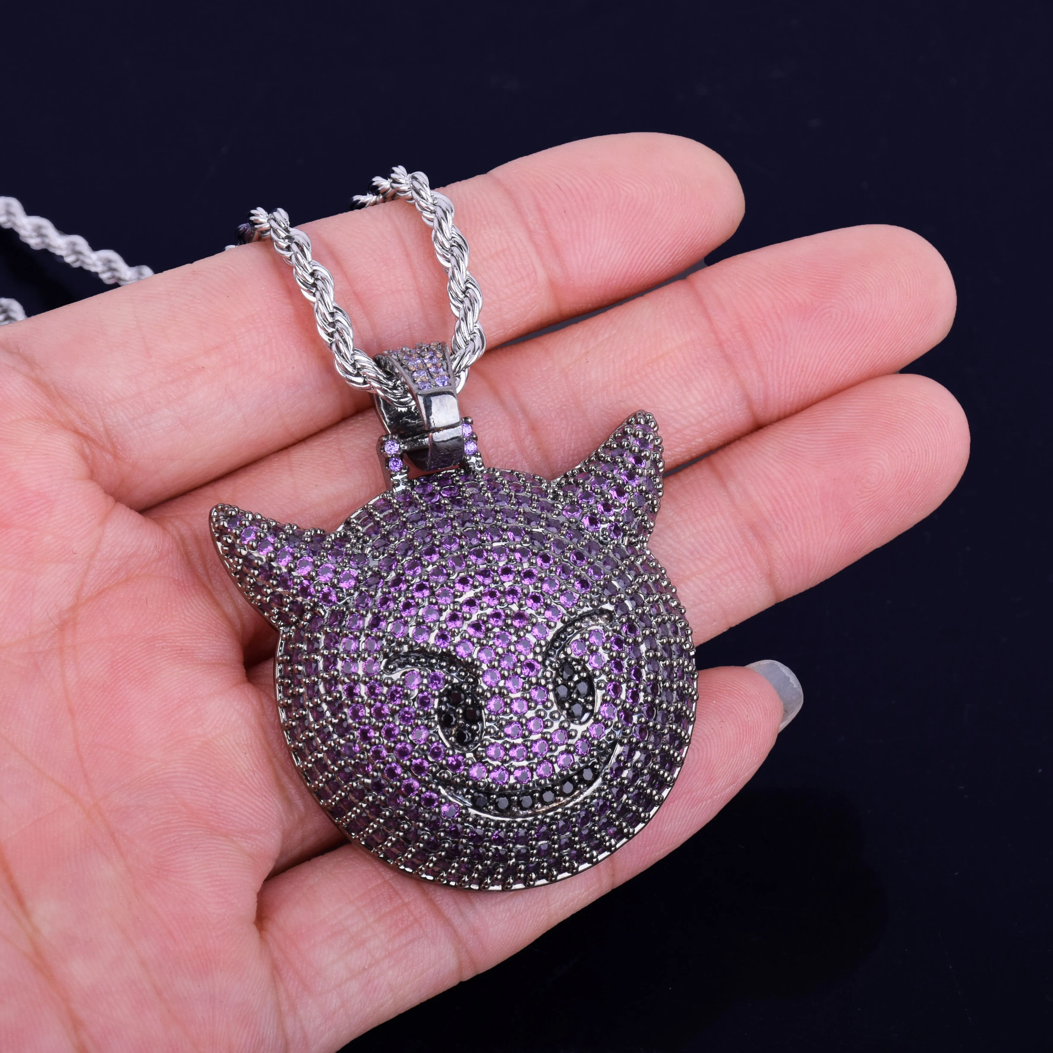 Purple Color Demon Evil Expression Necklace & Pendant Bling Zircon Fashion Hip Hop Rock Street Jewelry