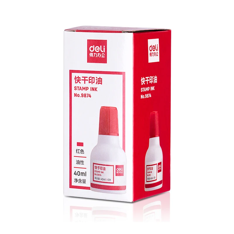 Deli 9874 Stamp ink 40ml bottle quick drying stamp Ink business stamp ink Red Blue Black colors wholesale