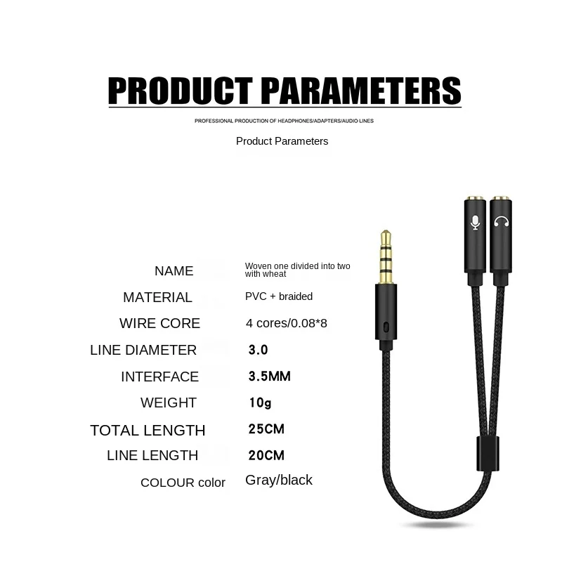 3.5mm Headset Adapter Headphone Mic Y Splitter Cable 3.5mm AUX Stereo Audio Male to 2 Female Separate Audio Microphone Plugs