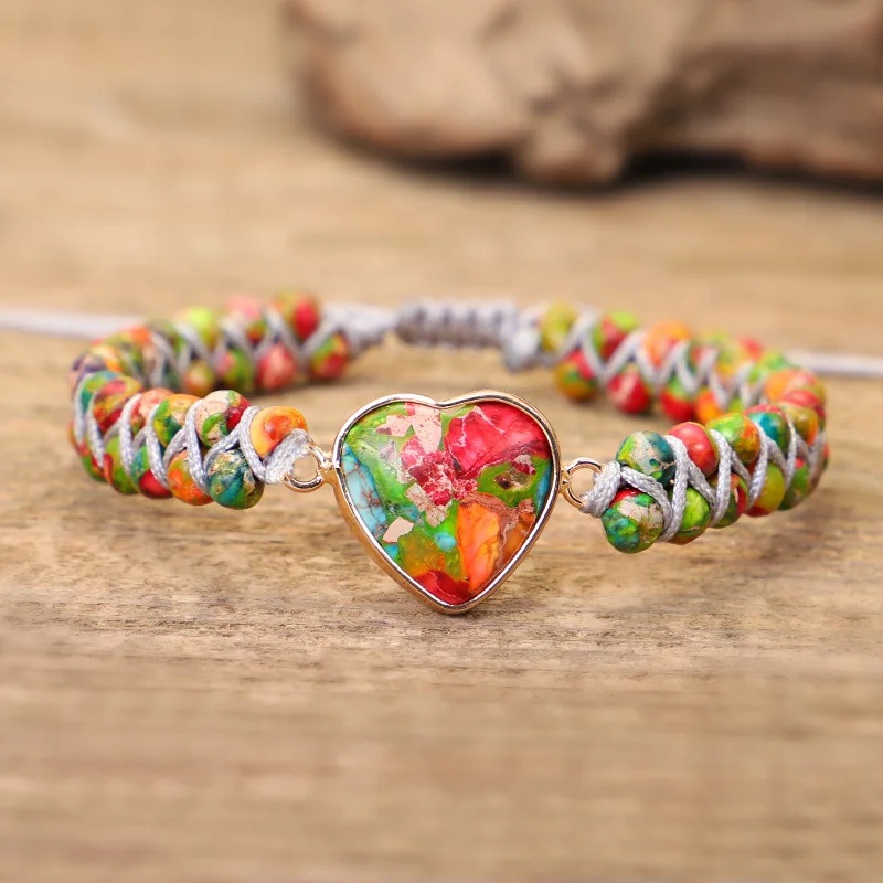 Bohemian Natural Stone Heart Charm Bracelet Colorful Beads String Braid Handmade Friendship Jewelry Gift