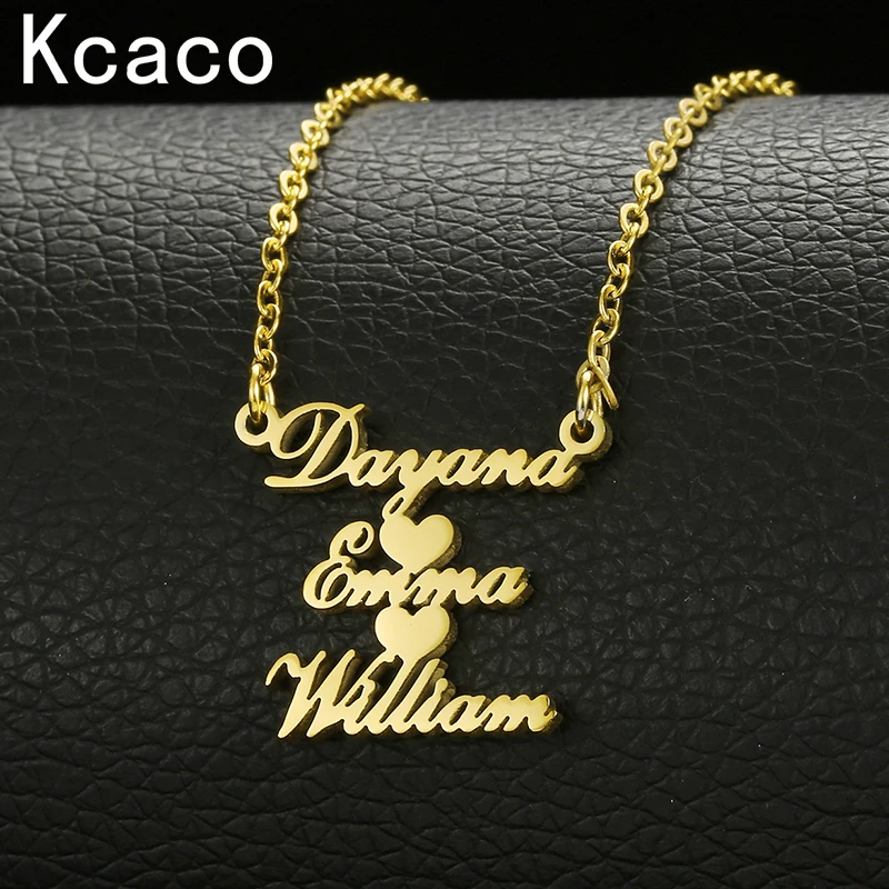 Kcaco Double Name Heart Necklace Custom Letters Pendant Choker Romantic Stainless Steel Gold Color Nameplate Family Gifts