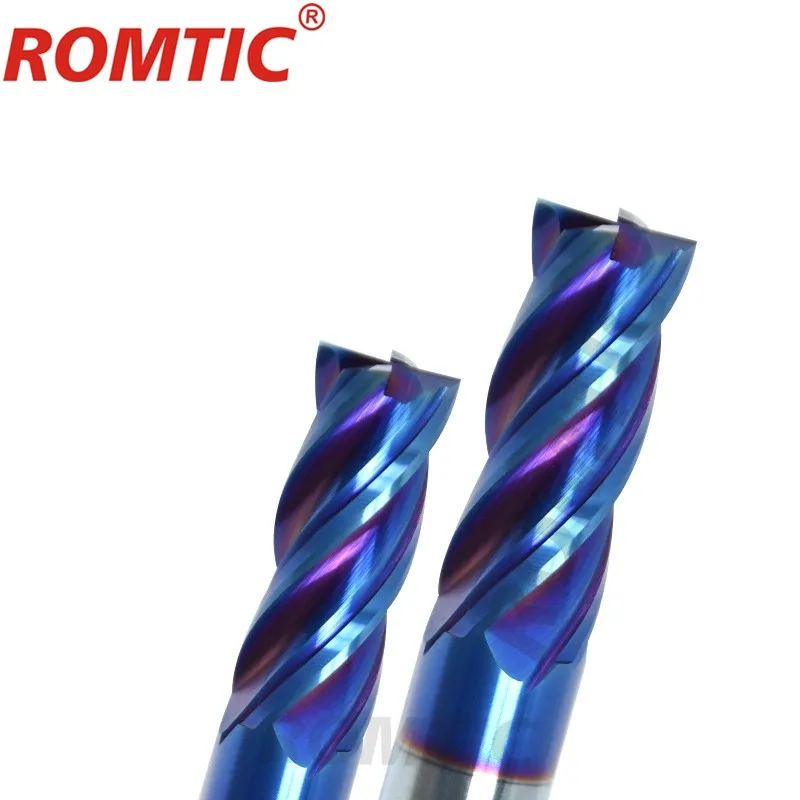 ROMTIC HRC70 4-Flute Milling Cutter Tungsten Steel Carbide Blue Nano Coating Flat End Mill For CNC Maching Endmills Tools