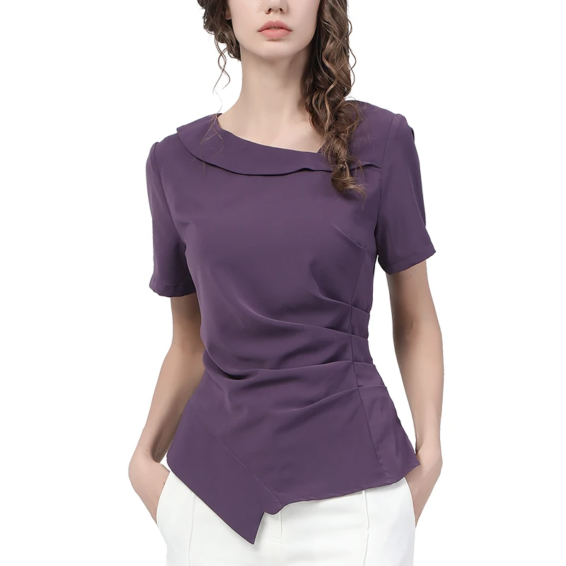 Elegant Women Summer Slash Neck Purple Fitted Tops Soft Waist Shirred Short Sleeve Pullover Blouse