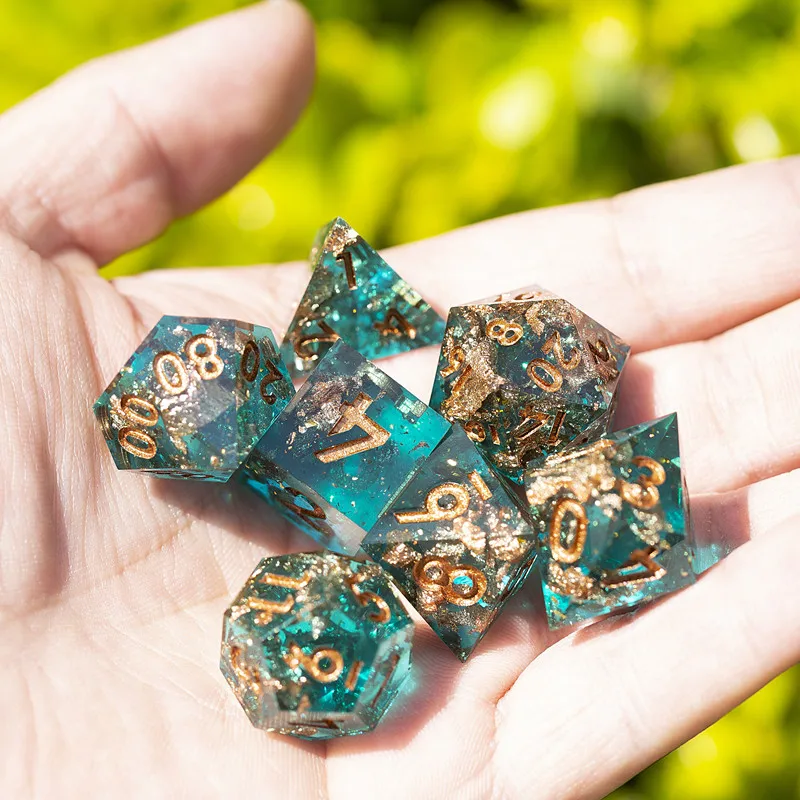 MINI PLANET Resin Dice With Sharp Edge For Dice Set Of 7 pcs Polyhedral Handmade Dice TTRPG Game D&D Dice Box Set