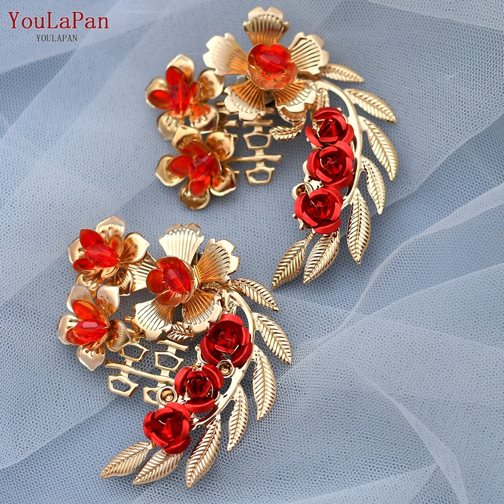 

YouLaPan 1Pair Shoe Clip Wedding Shoes Charm High Heel Buckle Shoe Accessories Red Flower Shiny Decorative Shoes Buckle X28