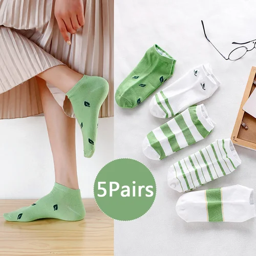 Imagen 2 del producto Calcetines cortos con rayas verdes para mujer, medias finas de tubo bajo con diseño de flores, temporada Primavera Verano, set de 5 pares