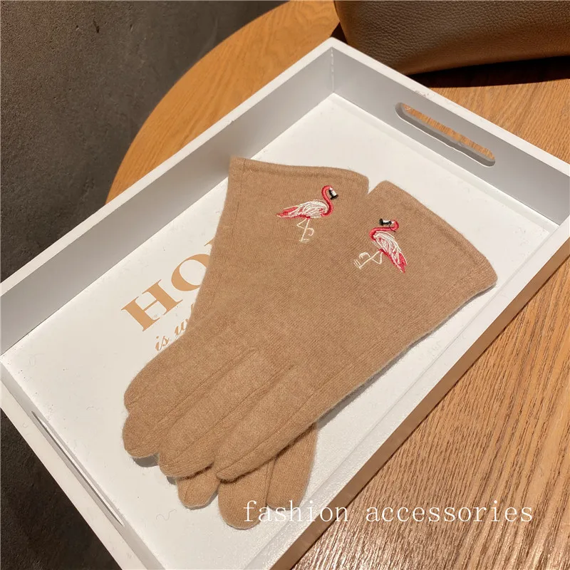 Guantes de cachemir para mujer, manoplas elegantes con bordado de flamenco y pantalla táctil, suaves y a la moda, mantienen el calor, invierno