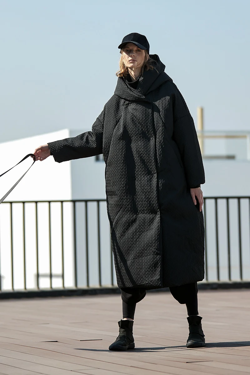 Women Thick Winter Warm Oversized Hooded Down Original Design Casual Ultra Loose Black X-Long Puffer Jacket Coat