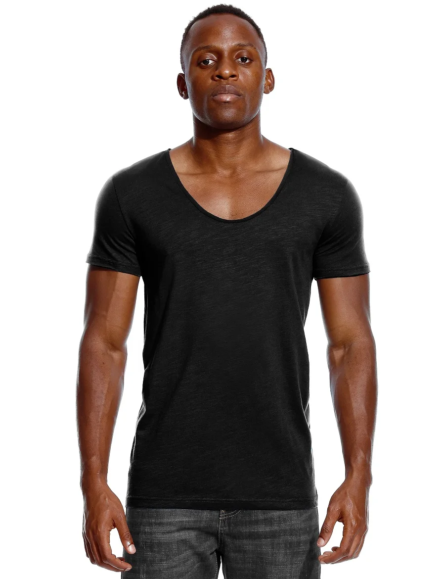 Scoop Deep V Neck T Shirt for Men Low Cut Vneck Wide Vee Top Tees Fashion Male Tshirt Invisible Undershirt Slim Fit Short Sleeve