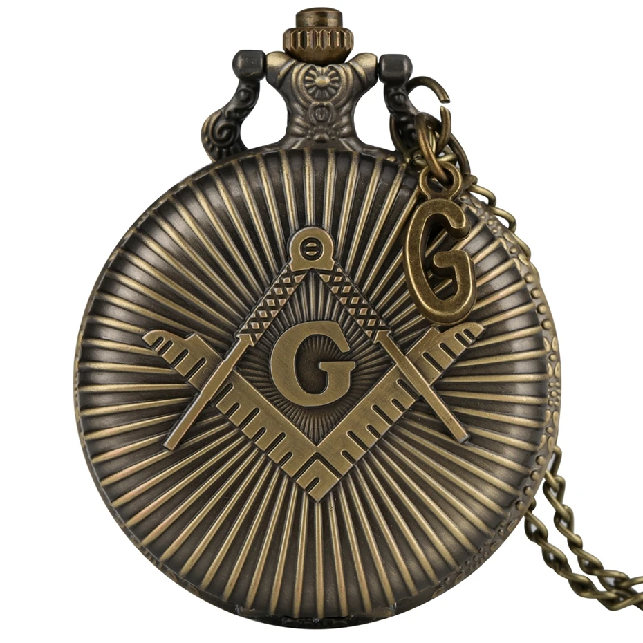 Punk Freemasonry Masonic Design Antique Bronze Quartz Fob Clock Pendant Freemason  Pocket Watch Chain Necklace with G Accessory