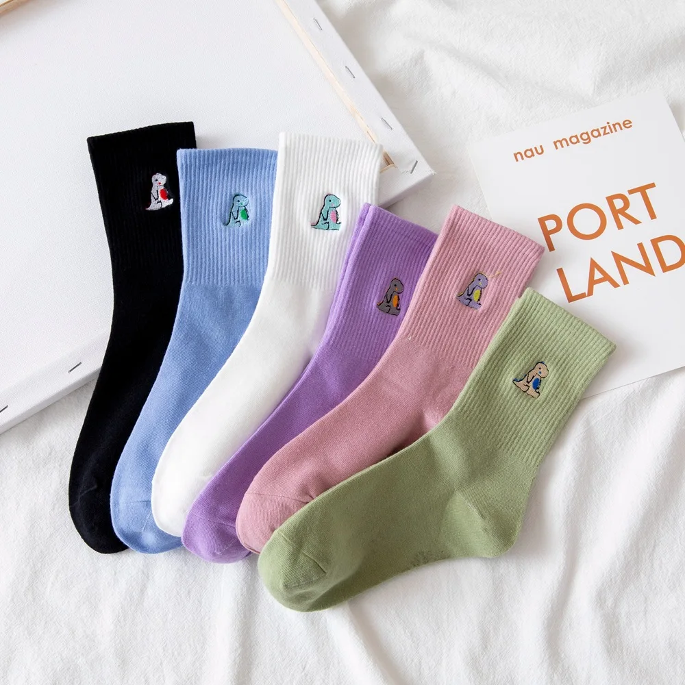 Embroidery Dinosaur Socks Fashion Woman Socks Korea Harajuku Style Kawaii Funny Cartoon Spring Autumn Female Girl Lovely Socks