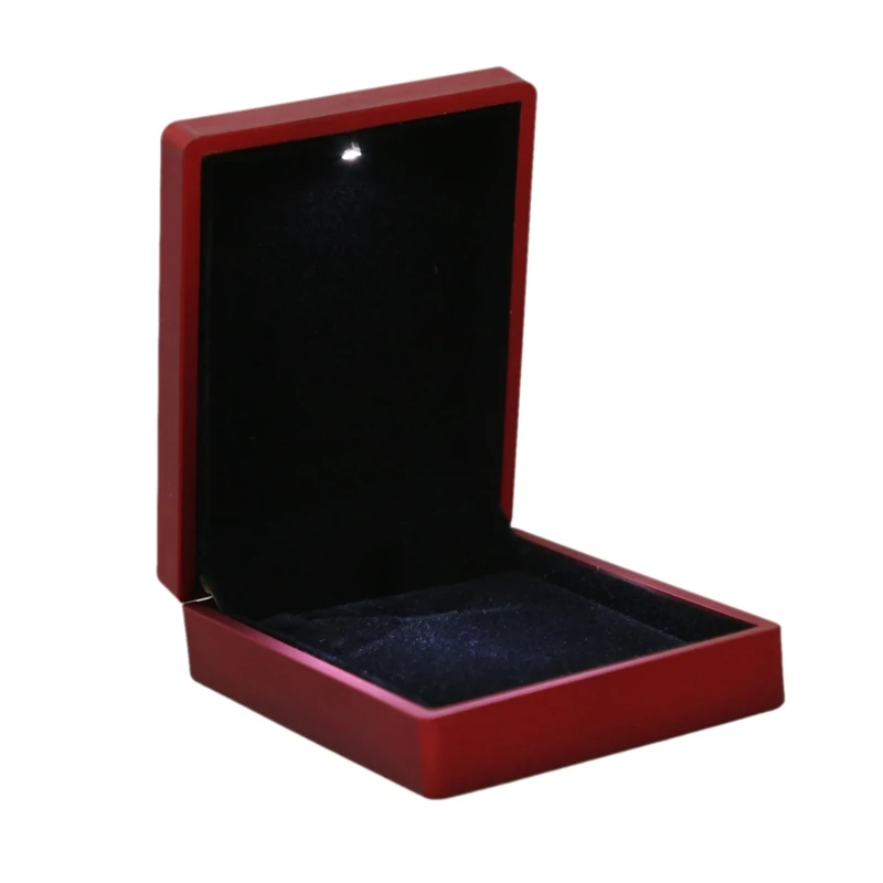 LED Lighted Necklace Box Rubber + Plush Pendant Case for Jewelry Display Wedding Valentine's Day Gift (Red)