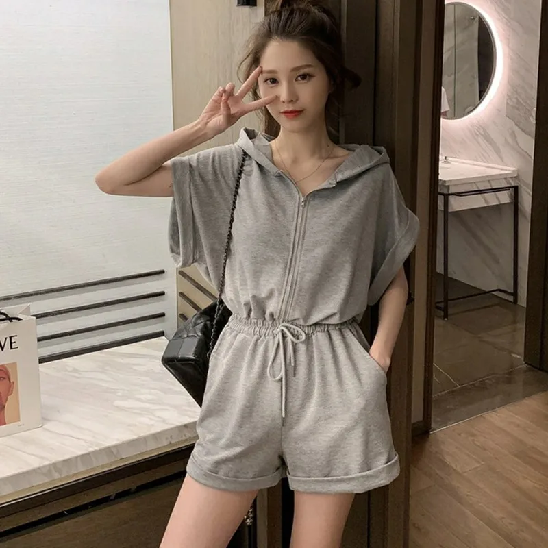 playsuits Women\'s fashion Korean summer casual solid color one-piece waist short-sleeved hooded sweater playsuits