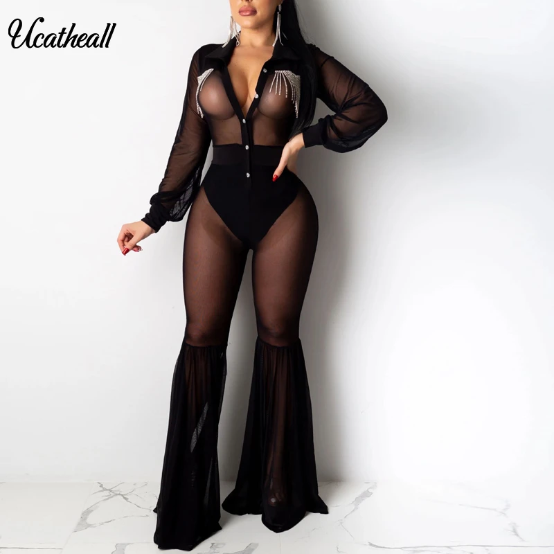 Mesh Sexy Buttons Upjumpsuit  Women Bodycon Tassel Crystal Shirt Jumpsuit Summer Matching Sets Club Outfits Perspective Lapels