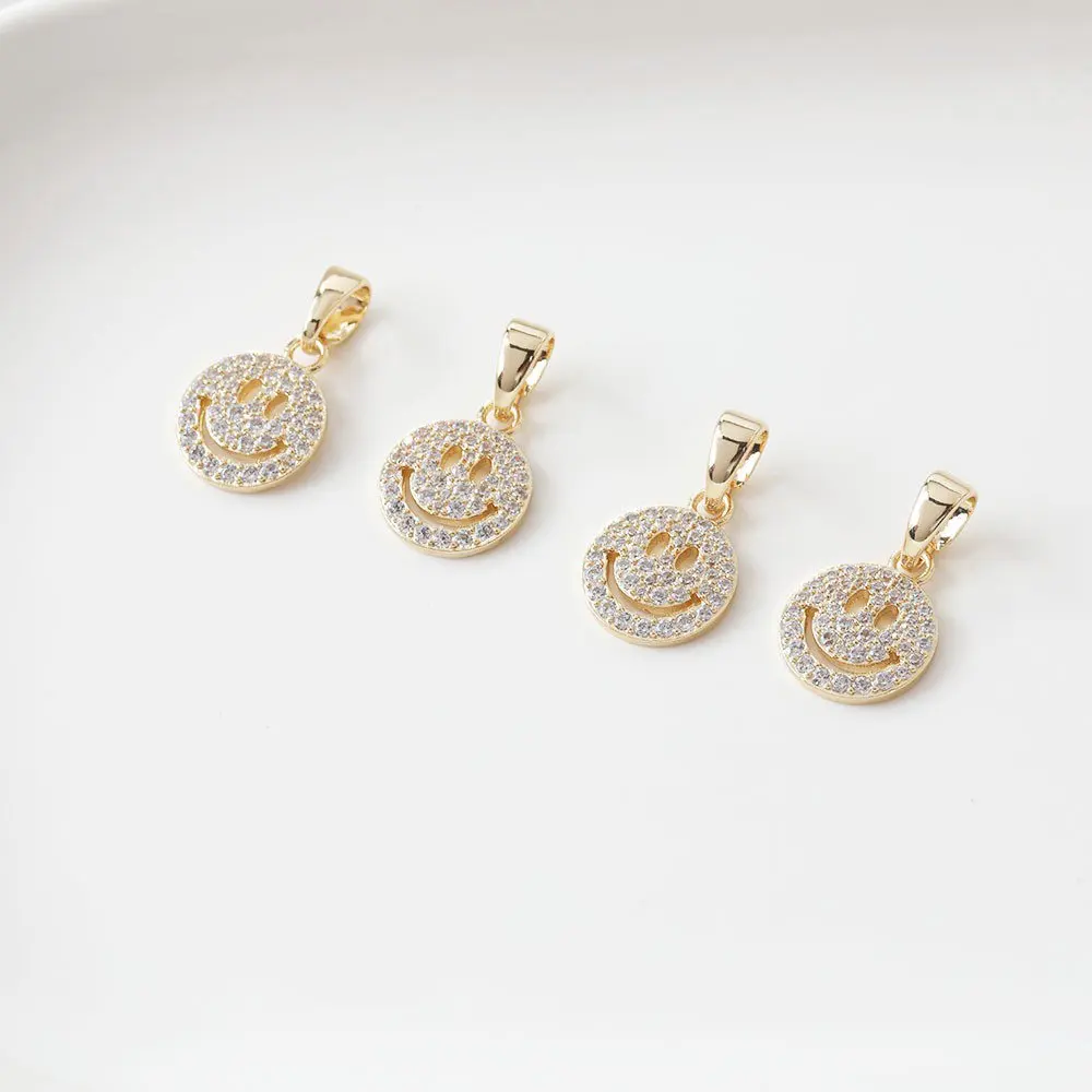 2PCS 14mm Smiling Face Pendant Necklace Brass with Zircon Charms for Jewelry Making DIY Handmade Gold Plated Accessories view 2