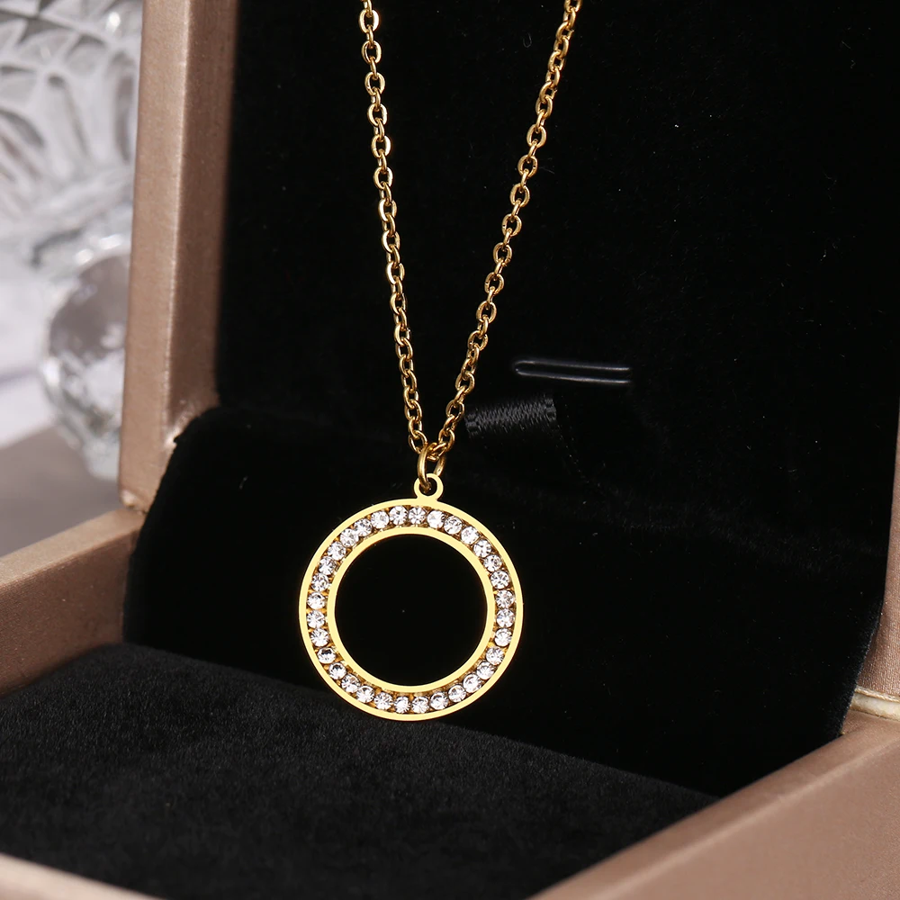 Stainless Steel Necklaces 3A Zircon Crystal Round Hollow Pendant Collar Chain Charm Necklace For Women Jewelry Wedding Gifts NEW