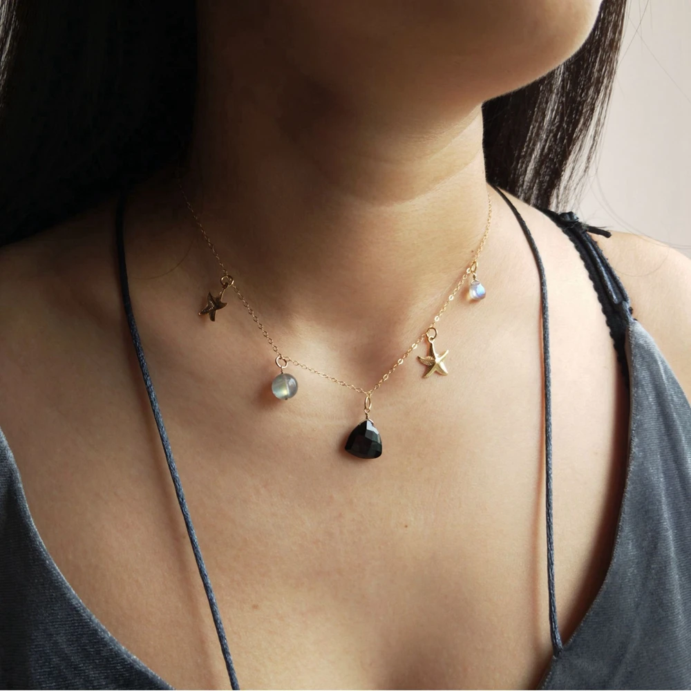 Lii Ji Labradorite Black Spinel 14K Gold Filled Charms Chain Necklace Delicate Handmade Link Necklace For Party