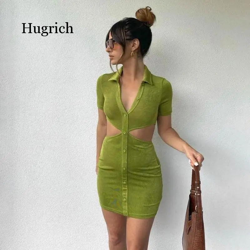 

2021 Summer New Women's Short Sleeve Lapel Single Breasted Hollow Out Design Fashion Slim Fit Buttocks Dress