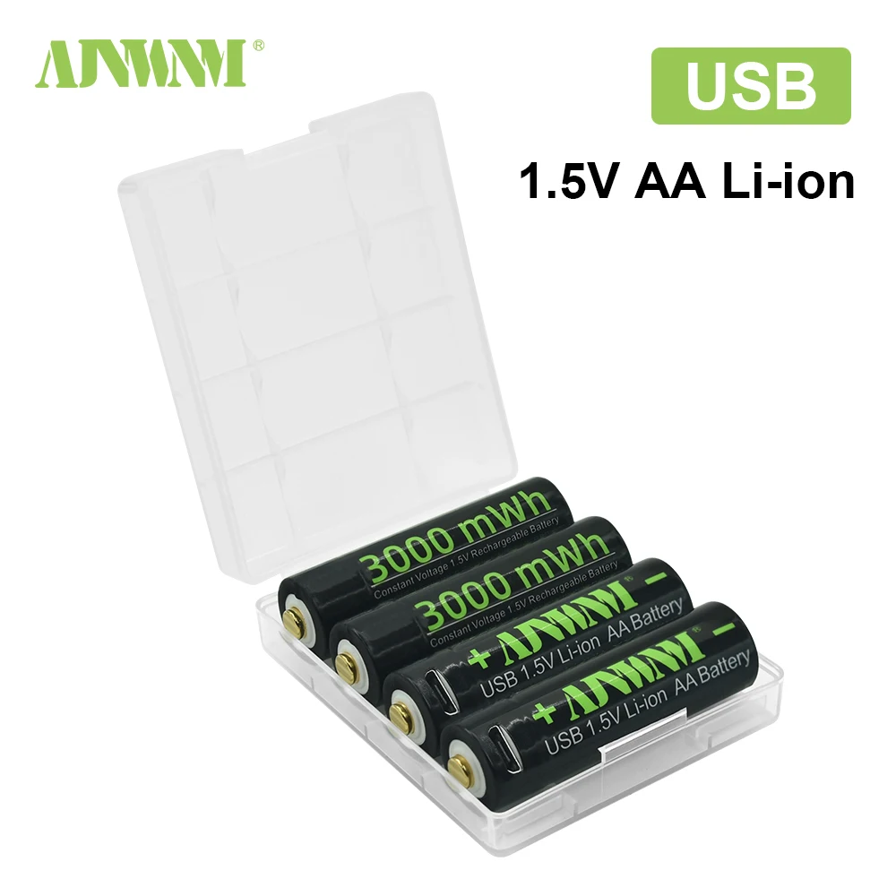 AJNWNM 1.5V AA USB 충전식 리튬 이온 배터리 3000mWh 배터리 AA 원격 제어 무선 마우스 + USB 케이블