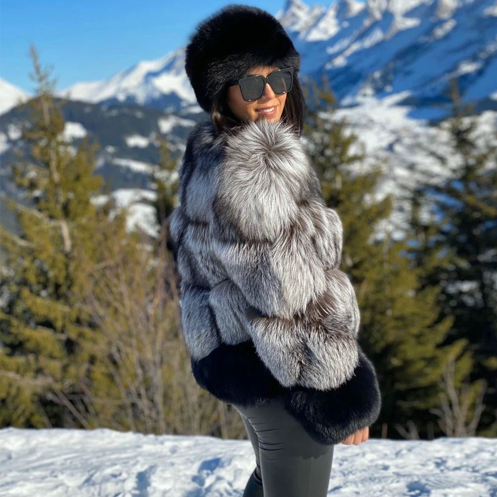 Winter New Real Silver Fox Fur Jacket O-neck Fashion Short Genuine Whole Skin Silver Fox Fur Coat Thick Warm Fur Overcoats