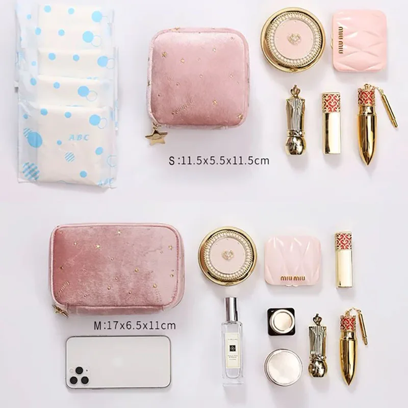 Women Girls Sanitary Napkin Pad Pouch Storage Bags Cute Velvet Makeup Lipstick Organizer Tampon Case Portable Travel Makeup Bag