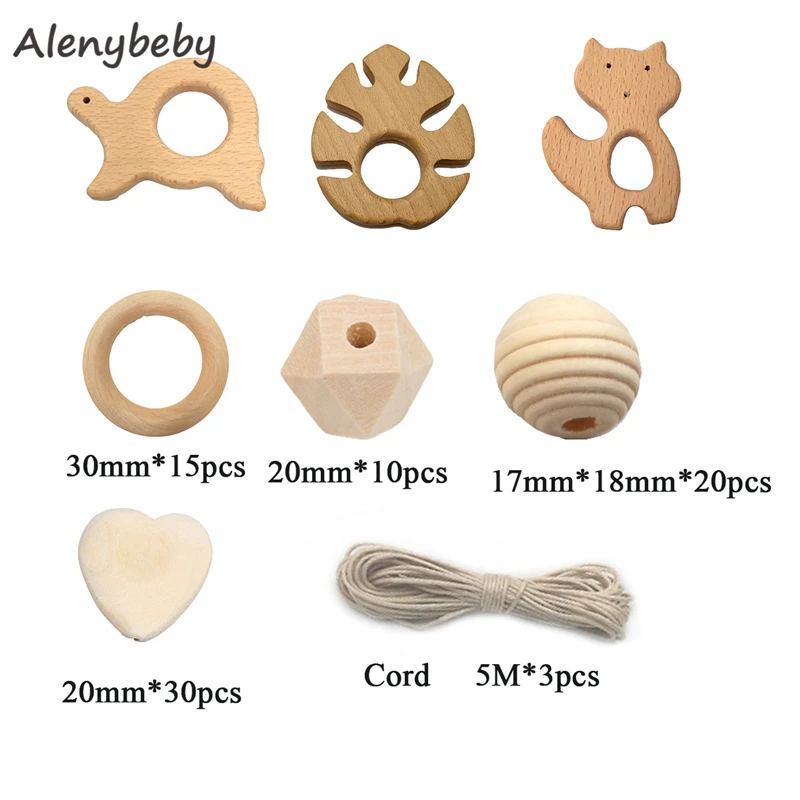 

Wooden Animal Teether Chewable Organic Beech Wood Polygonal Geometric Beads Teething Necklace for DIY Craft Jewelry Accessory