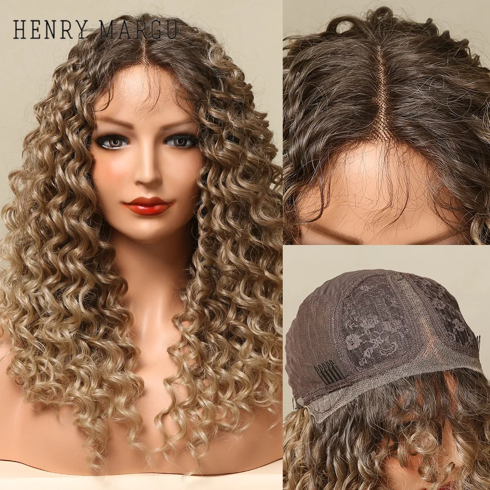 HENRY MARGU ยาว Deep Curly Wave ลูกไม้ด้านหน้าด้านหน้าวิกผมสังเคราะห์ Wigs สำหรับผู้หญิงสีดำ Pre Plucked ลูกไม้วิกผมผมเด็ก