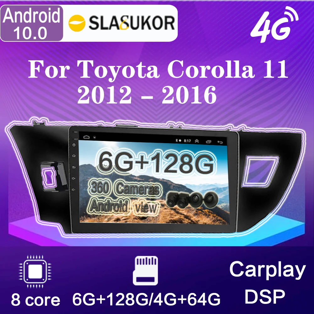 Автомагнитола для Toyota Corolla Ralink 2014-2016, Android 10, стереоприемник, мультимедийный видеоплеер, навигация GPS, CarPlay, авто DSP