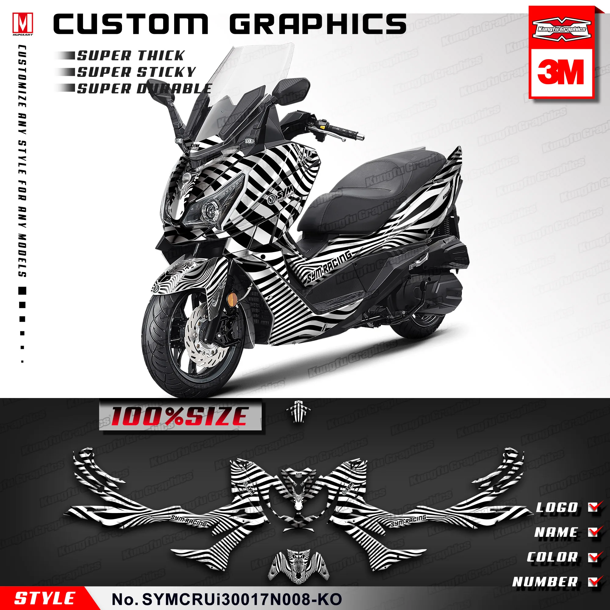 

KUNGFU GRAPHICS Black and White Sticker Kit Vinyl Decals for SYM Cruisym 300 2017 2018 2019 2020 2021, Customizable