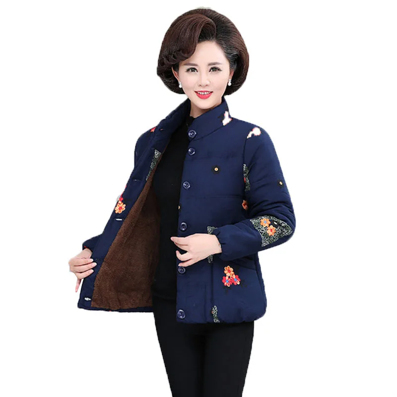 Middle-aged Women Cotton Coat Winter Add Velvet Thickening Keep Warm Cotton Jacket Short Printed Outerwear Mother Loaded