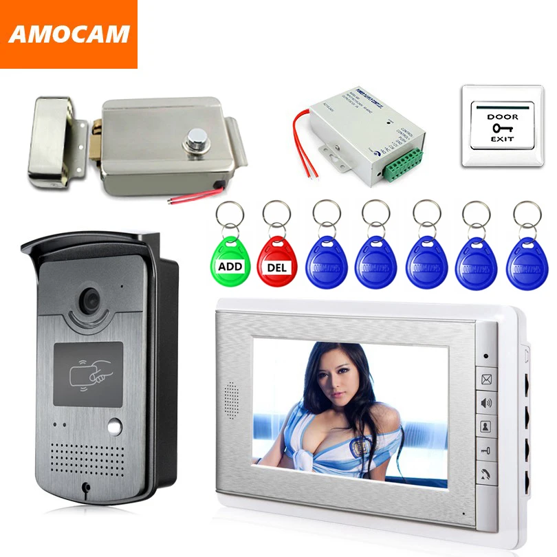 7 "kit de telefone da porta vídeo com id keyfobs + fechadura elétrica fonte alimentação saída da porta para villa vídeo campainha vídeo porteiro sistema