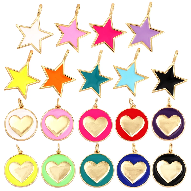 Star Coin Heart Enamel Charm Neon Pink Orange Turquoise Blue Oil Dropped,Real Gold Plated ,Necklace Bracelet Pendant L19 M81