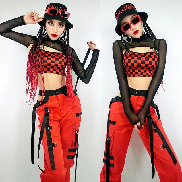 Nowoczesne kostiumy do tańca jazzowego kobiety w czerwoną kratę kamizelka wycięte slipy dla dorosłych ubrania hip-hopowe moda Gogo stroje Dj Show kostium